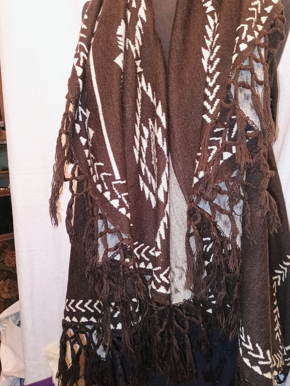 Brown Aztec Fringe Wrap Vest Cardigan